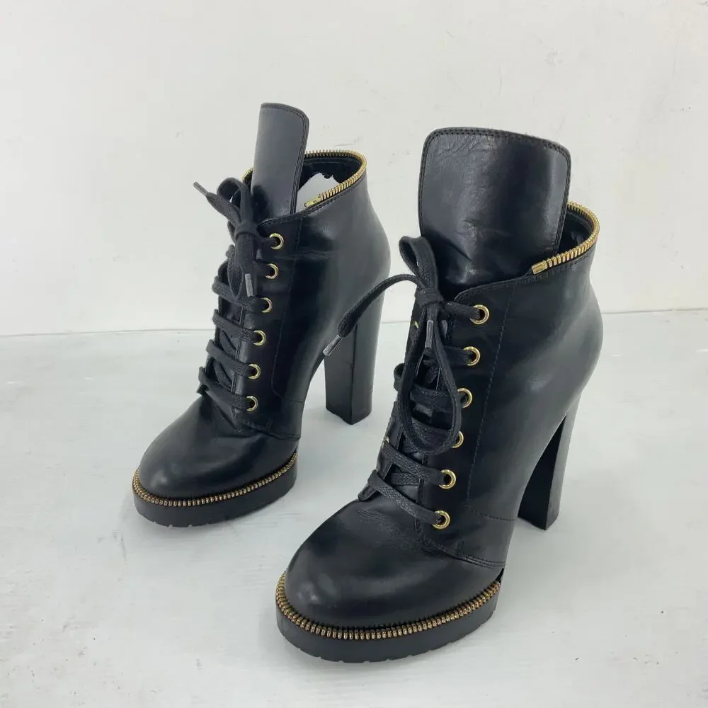 Sergio Rossi Black Leather Lace-Up Ankle Booties with Gold Zipper Trim